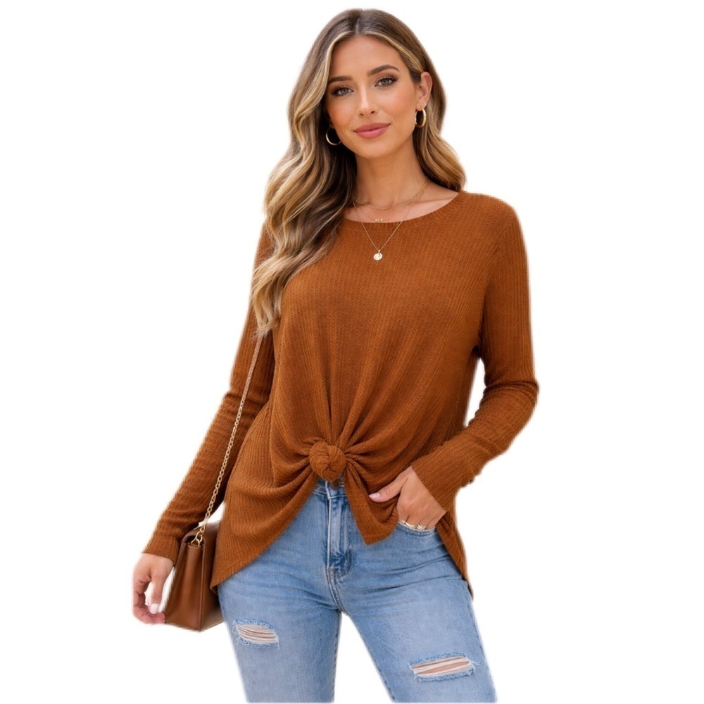 Mudd Waffle Knit Long Sleeve Knotted Front Cozy Chestnut Brown Top Size XL